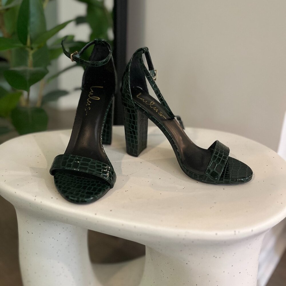 Lulu's Taylor Croc Evergreen Crocodile-Embossed Ankle Strap Heels - 7.5